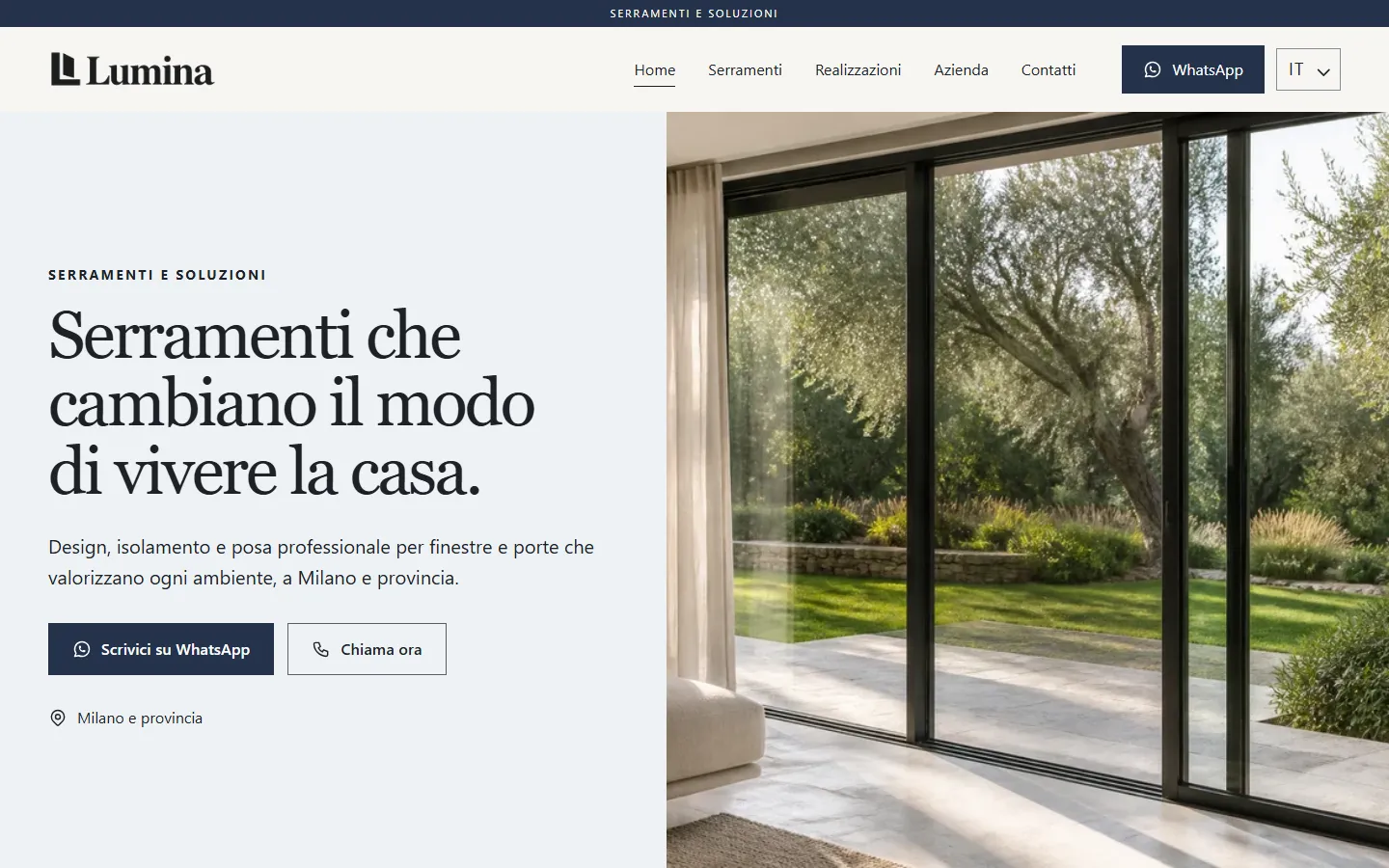 Home page italiana del sito dimostrativo Lumina Serramenti, con navigazione, presentazione e immagine principale.